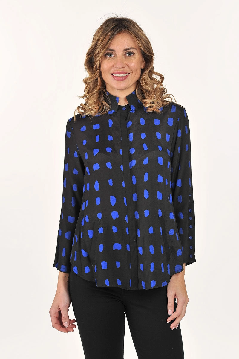 Lemon Grass Double Stand Collar Blouse Ribbed Trim Relaxed Vibe