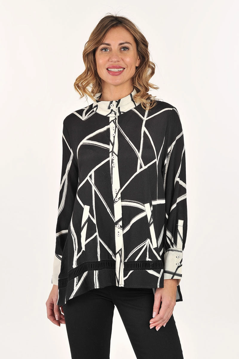 Oversized Fit Lemon Grass Stand Collar Eyelet Trim Blouse