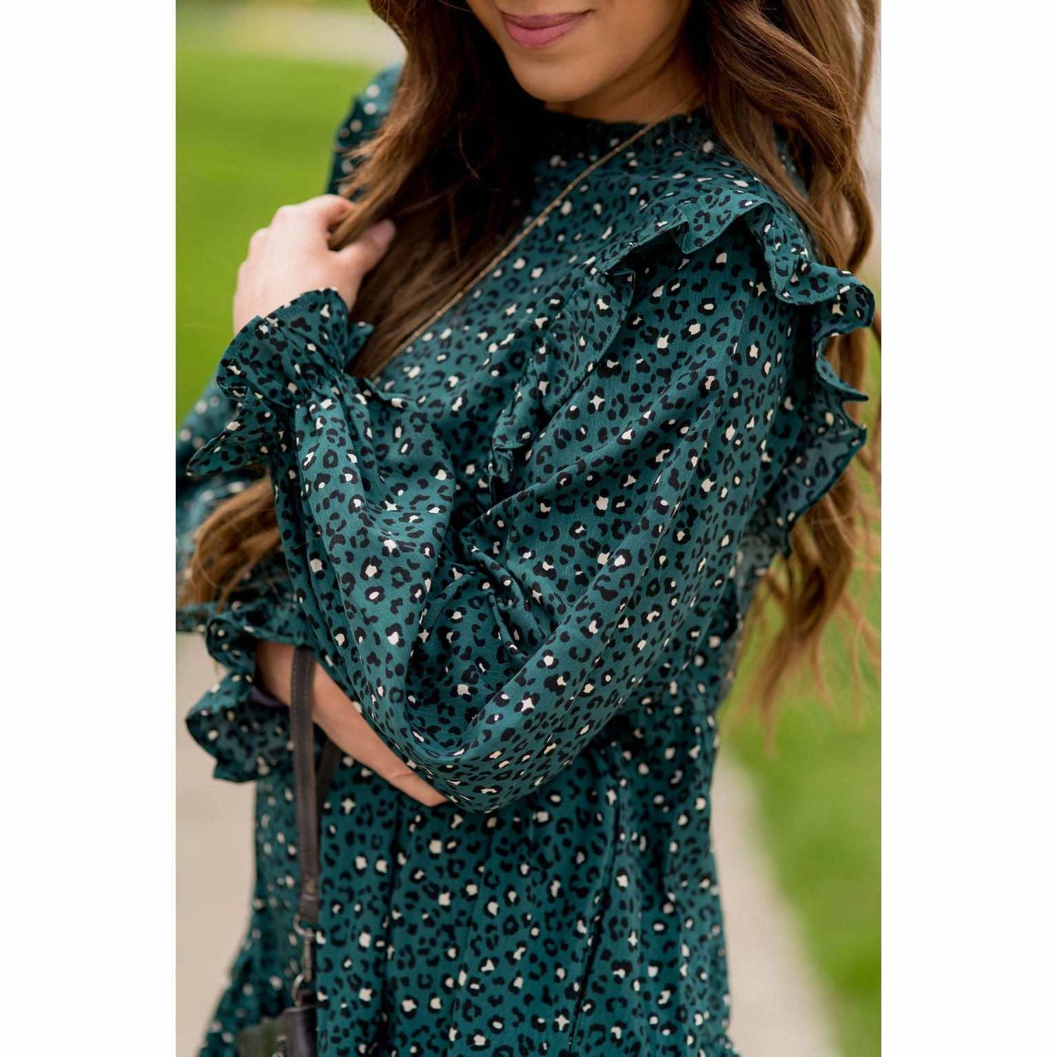 Feminine Charm Leopard Ruffle Bodice Long Sleeve Dress