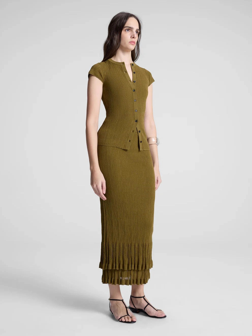 Tropical theme Pleated Construction Lexi Fine Cotton Knit Midi Skirt