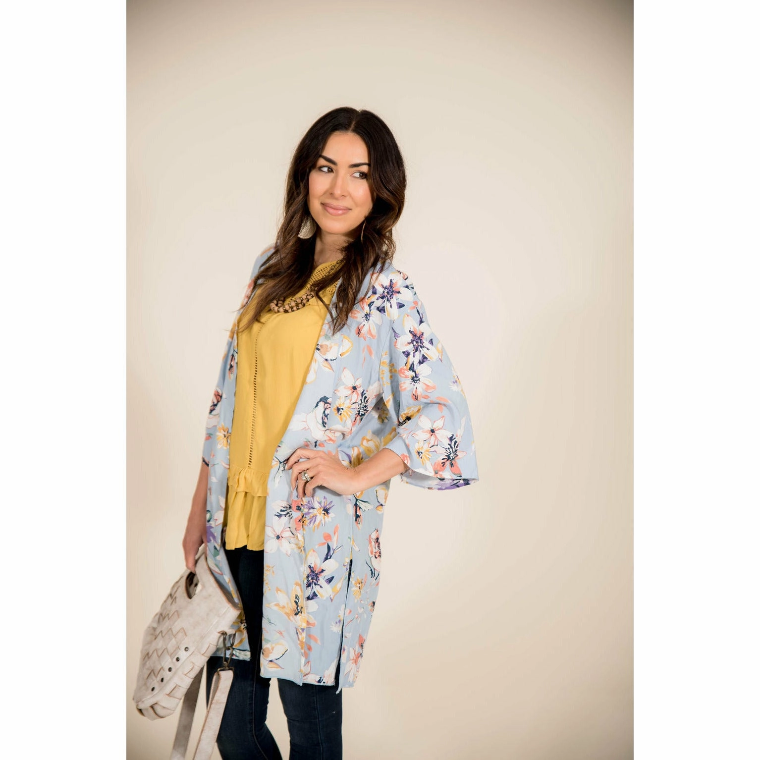 Light Blue Floral Kimono Low Profile Collar Design