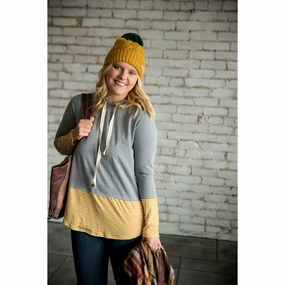 Light Grey Mustard Striped Tipped Sweatshirt Ribbed Hem