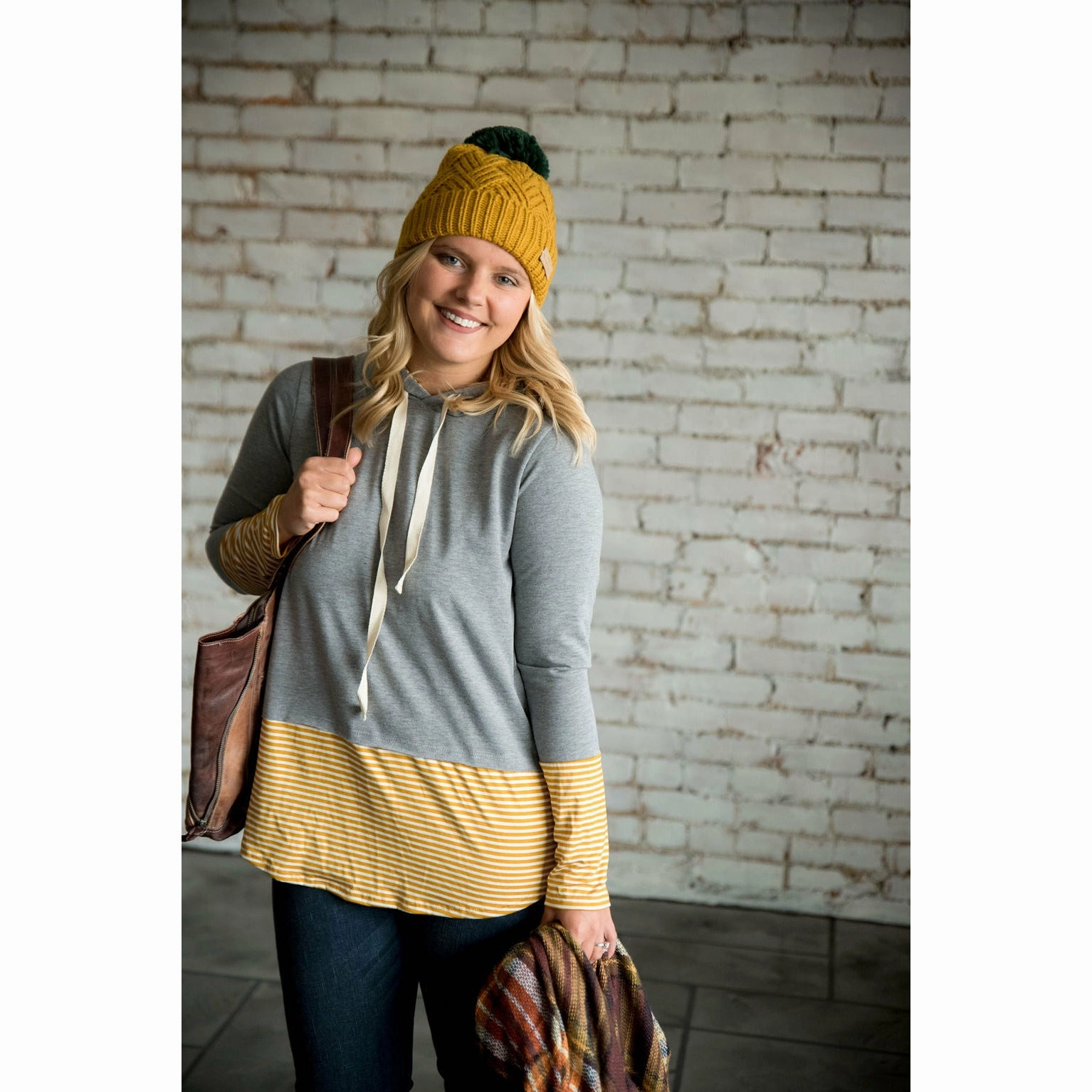 appropriate for autumn clip accents Light Grey Mustard Striped Tipped Sweatshirt