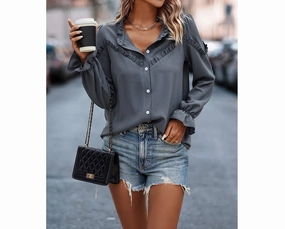 EcoFriendly Dye Process Thermal Regulation System Front Button Open Ruffle Tirm Solid Loose Blouse