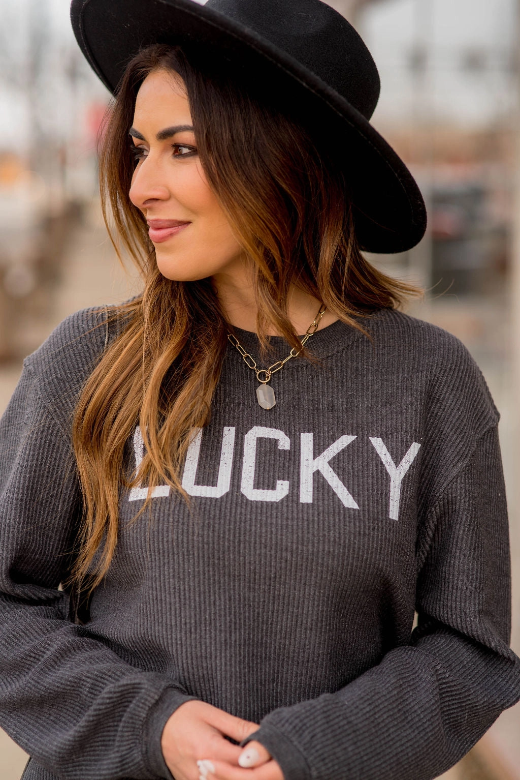 comfort test Adjustable Hood Lucky Ribbed Graphic Crewneck