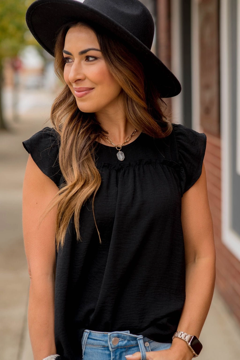 Mid Ruffle Accent Flutter Sleeve Tee LayeredNeckline MultiPocket Design