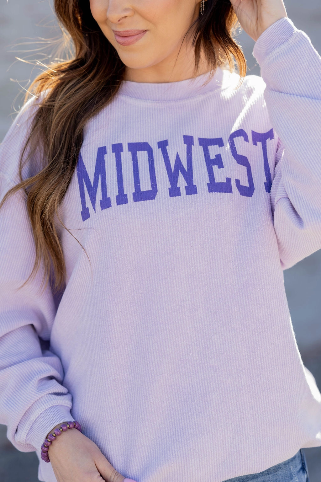 product trendy catchiness Layer Chic Midwest Blocked Letter Ribbed Graphic Crewneck