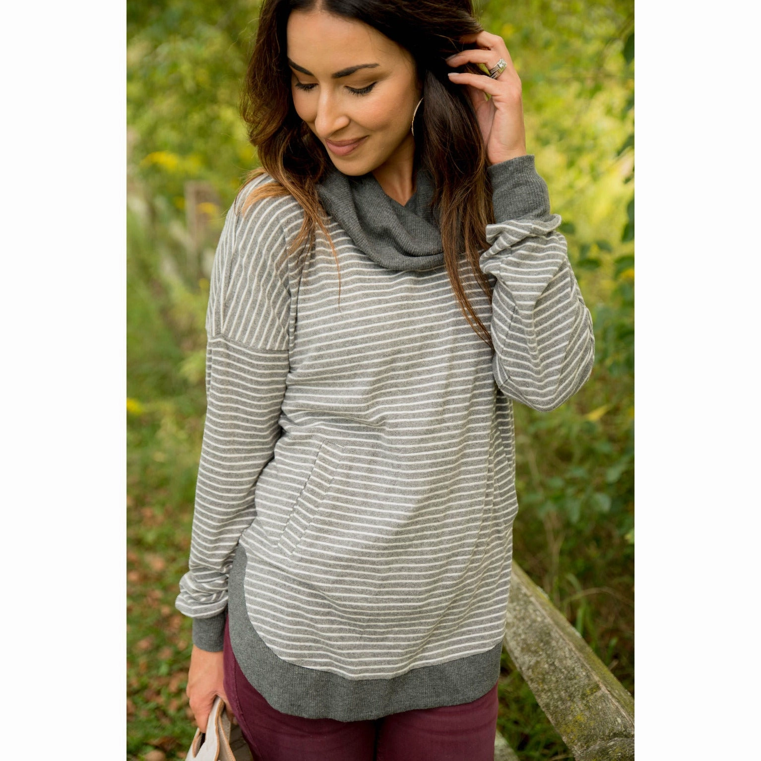 Solid Trimmed Striped Cowl Neck Comfort Layering