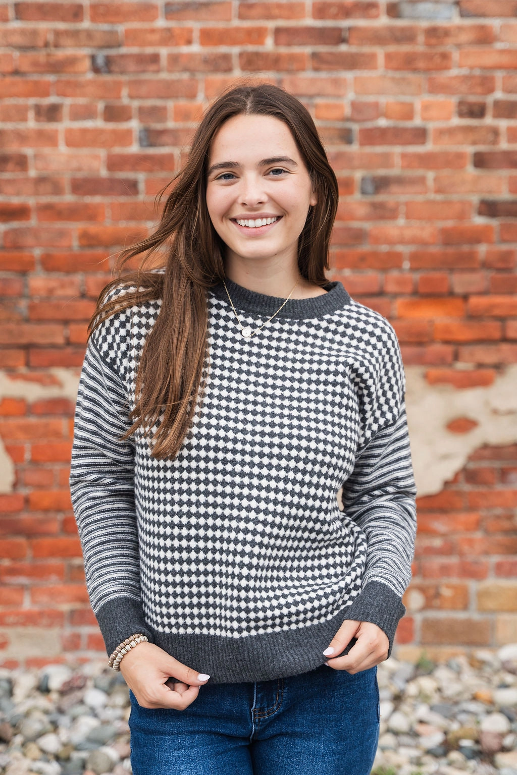 Mixed Prints Ribbed Trim Sweater All-Season Comfort