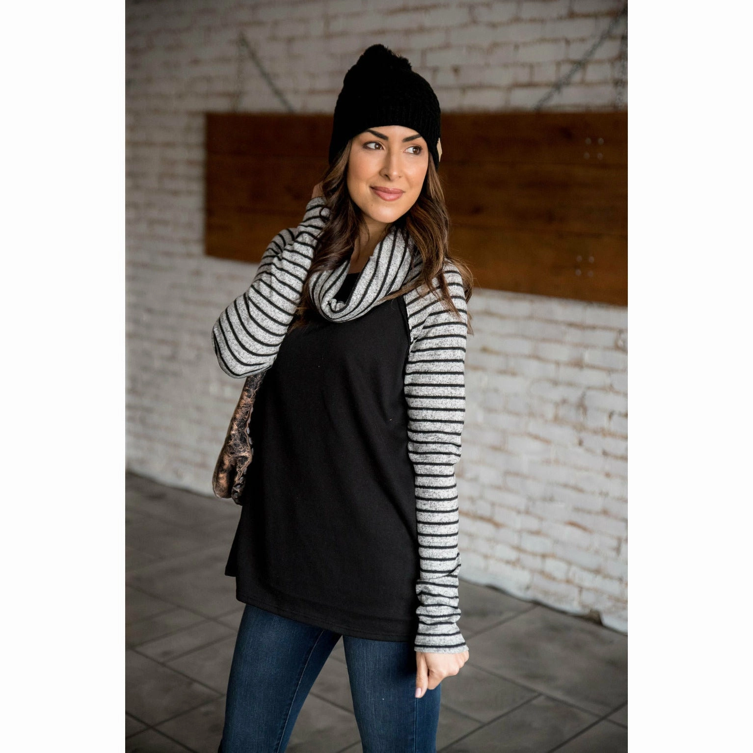 Striped Sleeve Cowl Neck dry cleanable