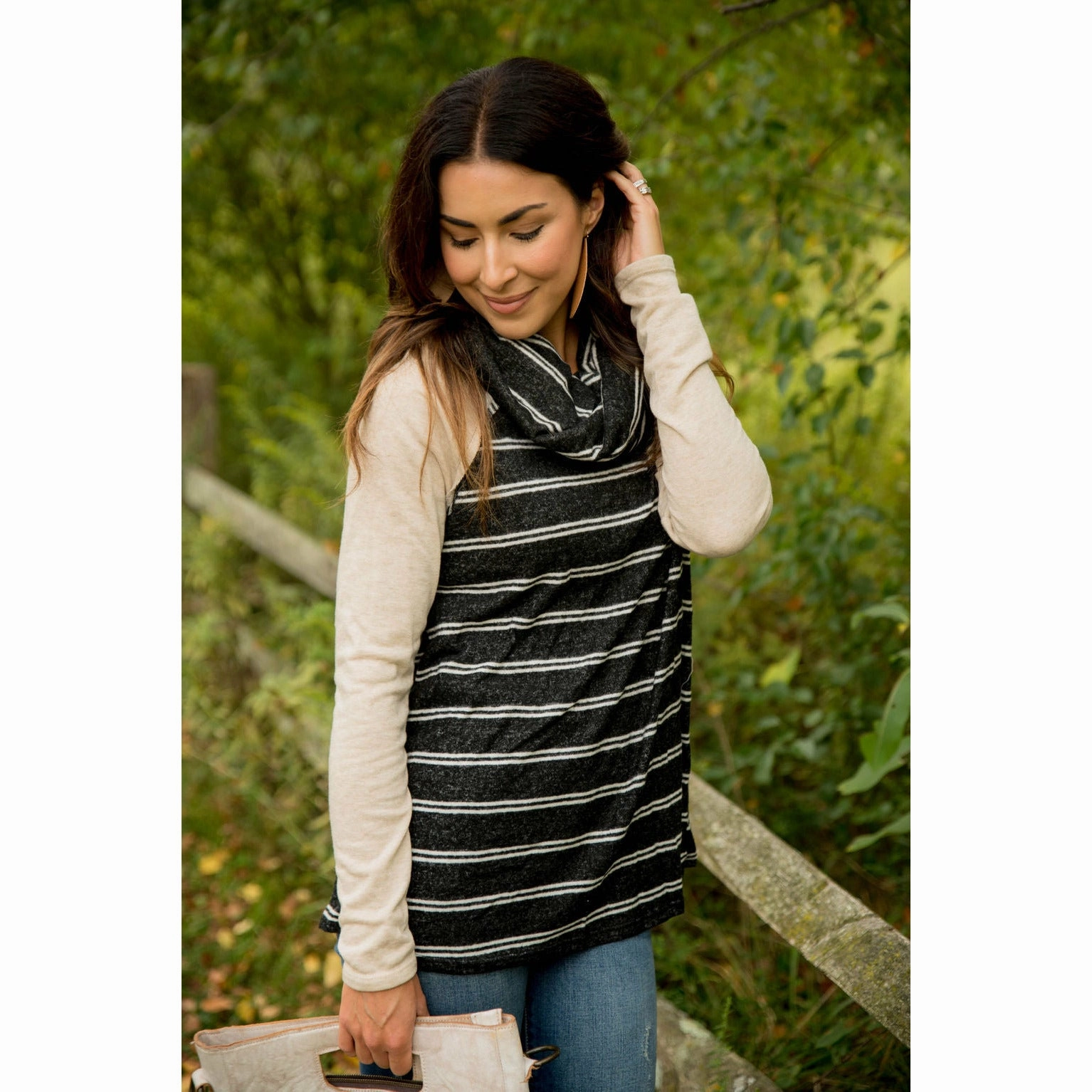 Cozy Clothing Style Snug Wear Striped Oatmeal Cowl Neck Sweatshirt