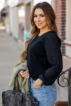 Simple Ribbed Body Blouse Sleeve Tee Stretchable Knit