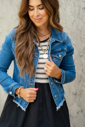 Frayed Hem Distressed Denim Jacket Wrinkle Free Fabric Evening Out