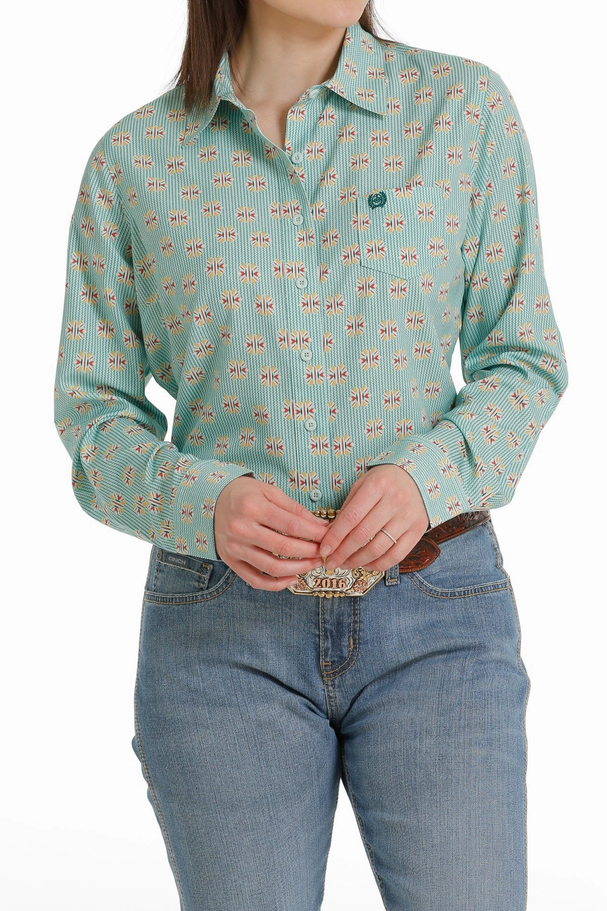 Cinch Women??s Arena Flex Green Geometric Print Shirt Stretchable Blend Thermal Regulation Fabric