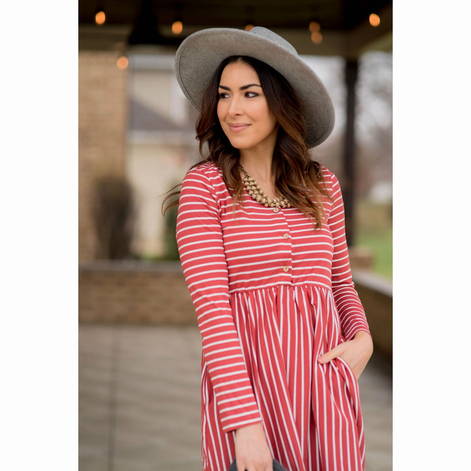 Mixed Stripe Long Sleeve Midi Dress - Marsala Light Base Grace Flow