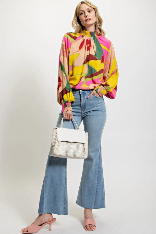 Multicolor Floral Print Smocked Hem Stand Neck Blouse MoistureWicking Fabric Lightweight Material