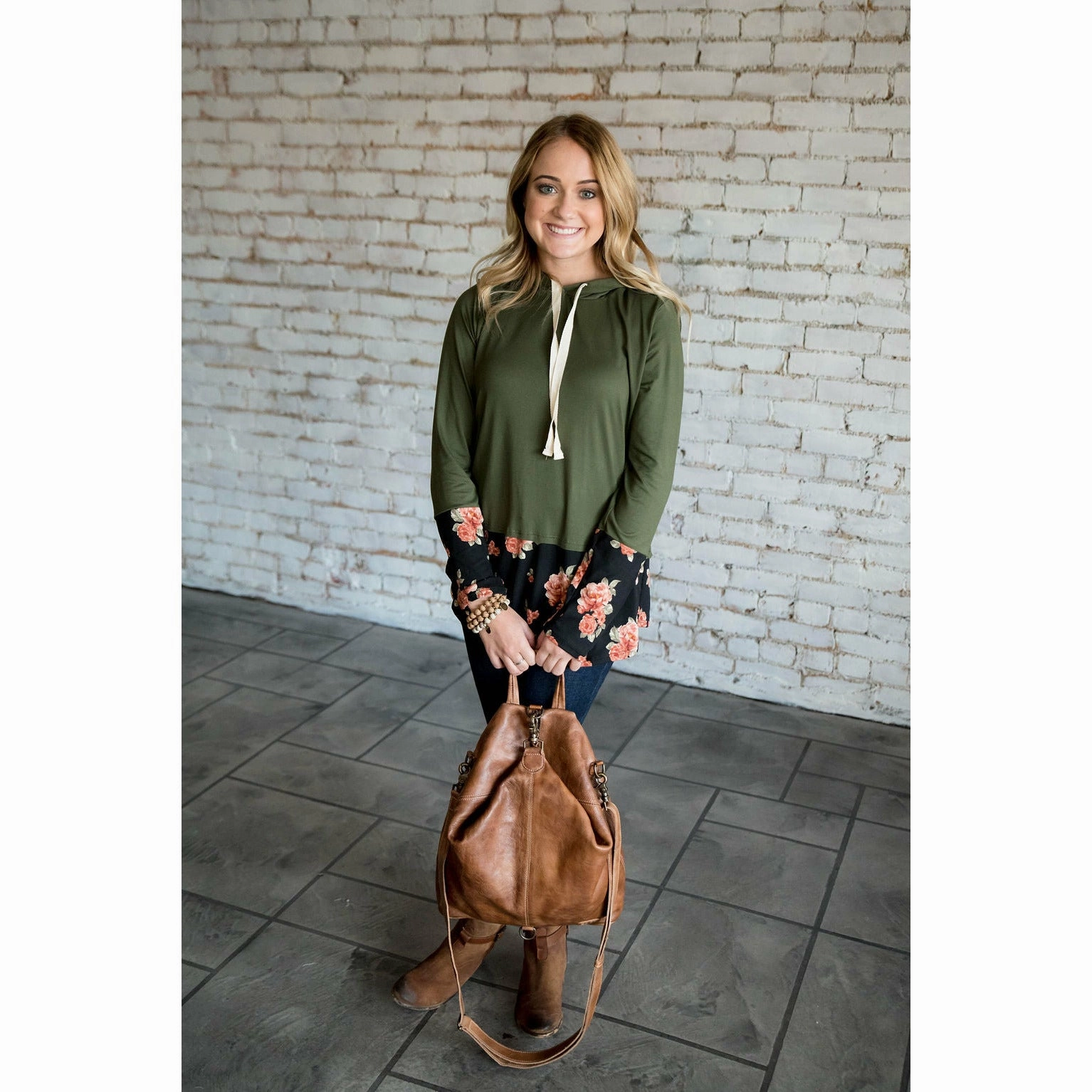 Olive Floral Tipped Hoodie Animal Print