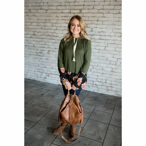 Olive Floral Tipped Hoodie Animal Print