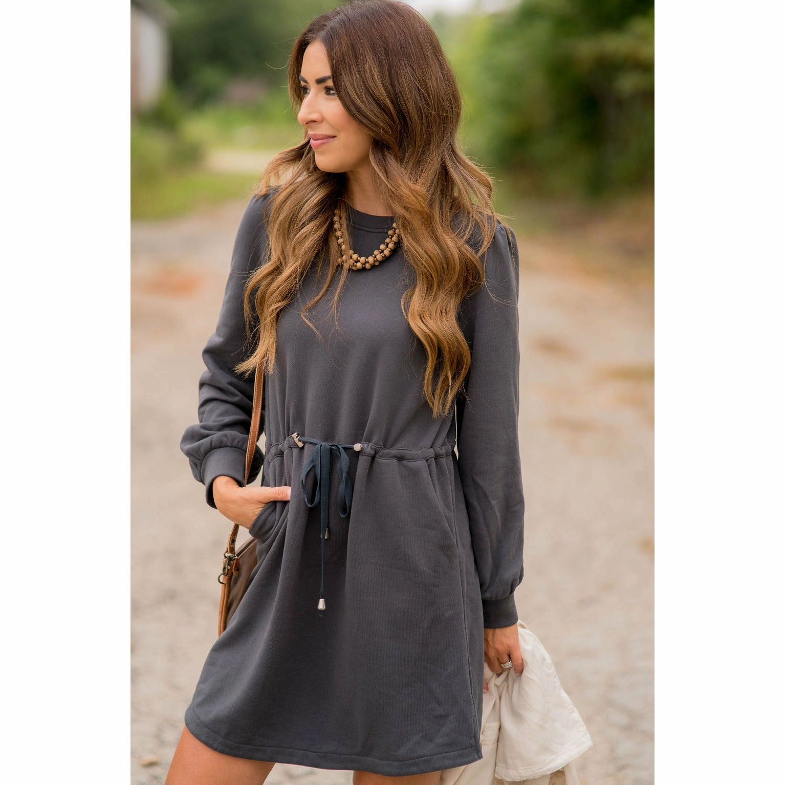 Tie Waist Pocket Sweatshirt Dress Natural Light Tall Fit