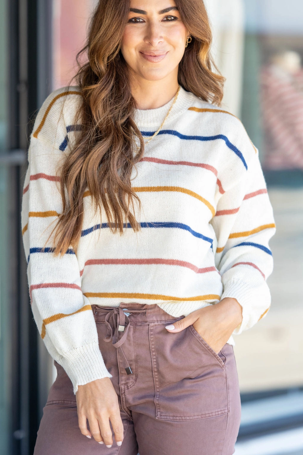 Cozy Knit Piece Knit Fabric Tri Color Striped Sweater