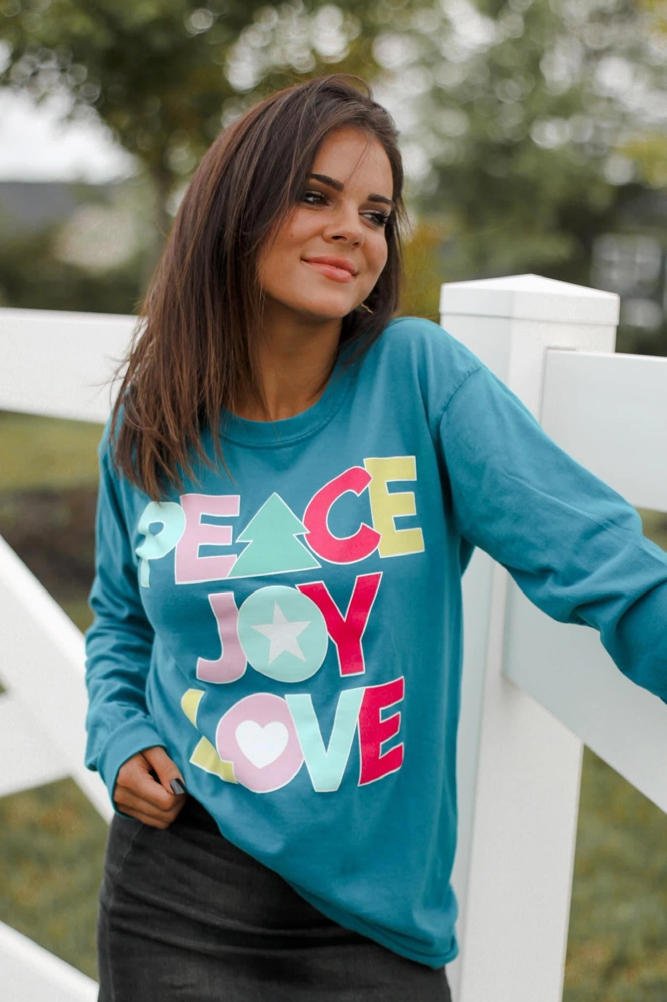 Durable Color Retention Peace Love & Joy Long Sleeve Topaz Tee