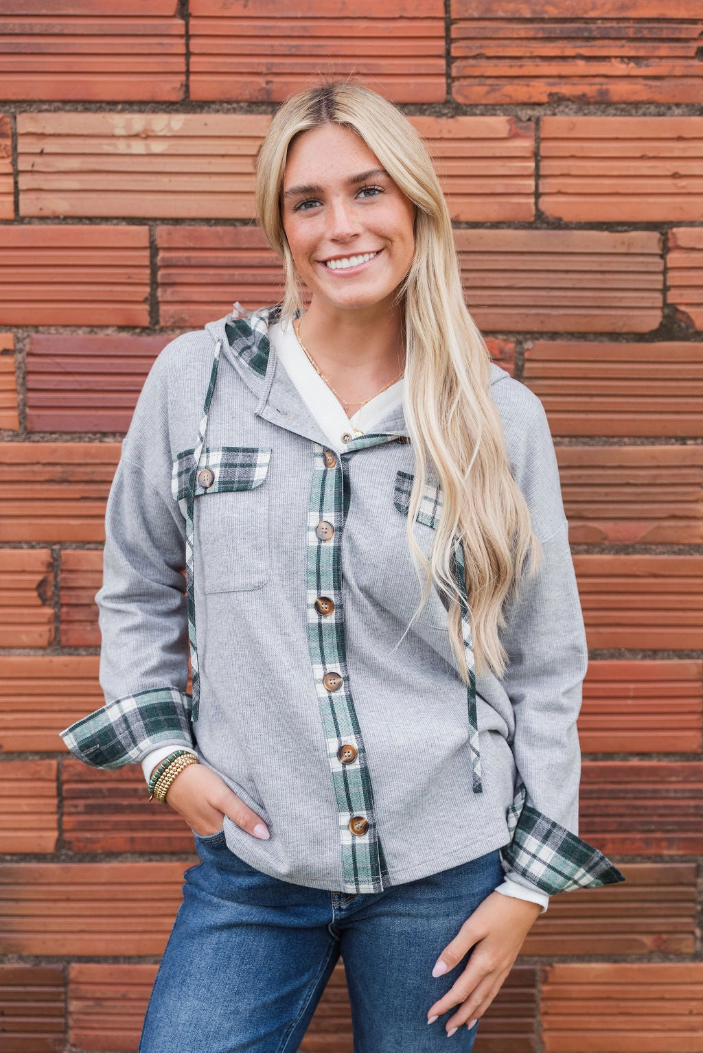 Sun Protective Fabric Adjustable Hem Lock System Plaid Accented Hooded Shacket