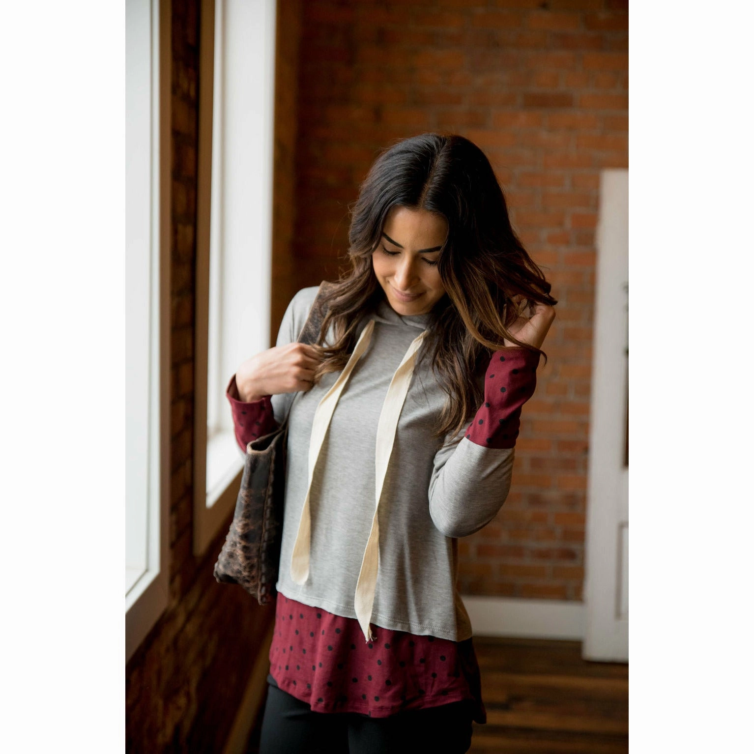 Polka Dot Tipped Hoodie anniversary wear Cold Weather Look