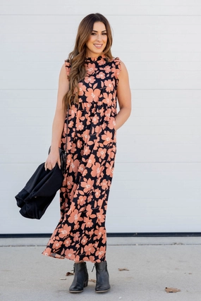Mesh Soft Chic and Cozy Retro Floral Ruffle Trim Maxi Dress