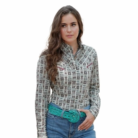 Trendy Look Fitted Shirt Cruel Women's Vintage Cream Print Snap Shirt