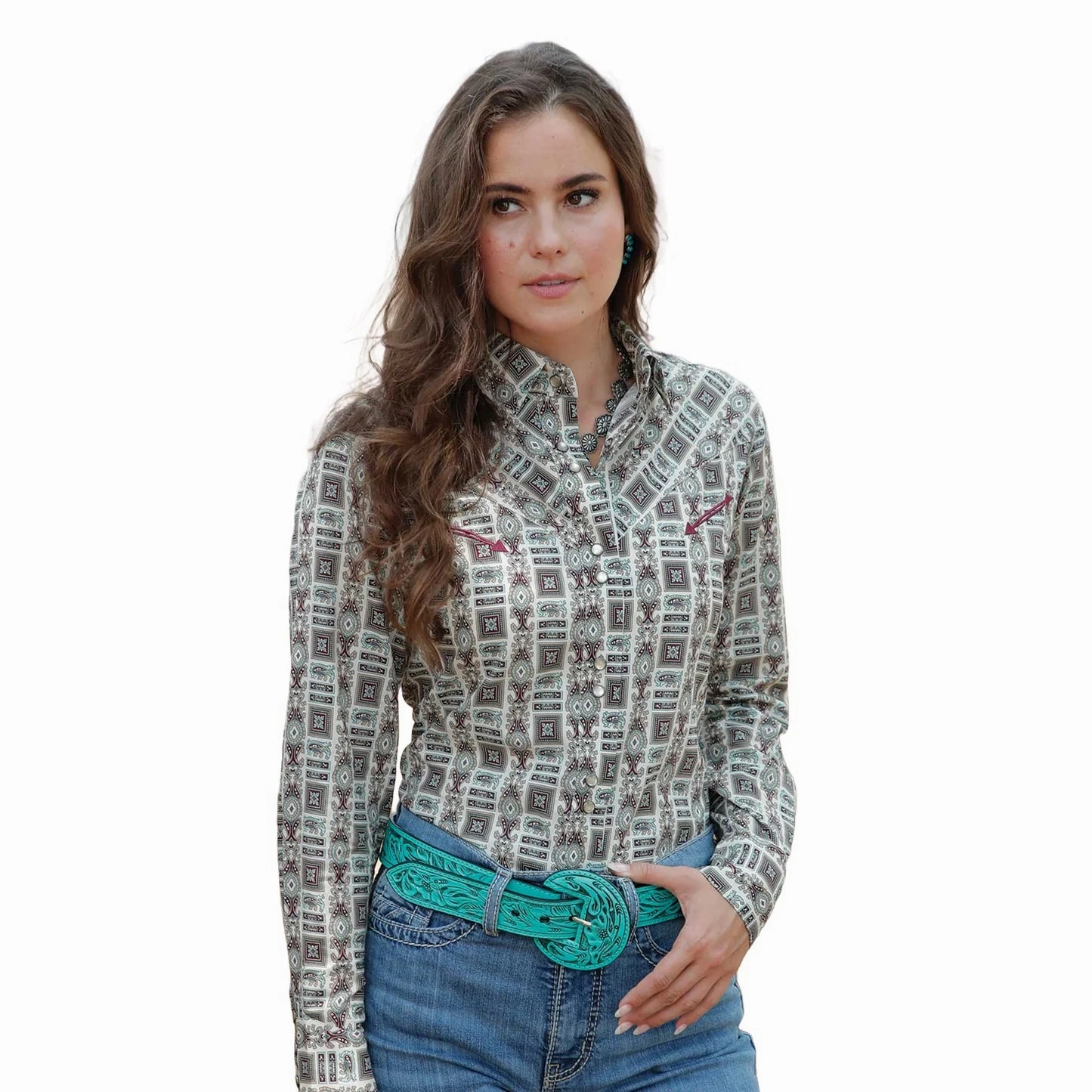 Odor Resistant Coating ContrastPlacket Cruel Women's Vintage Cream Print Snap Shirt