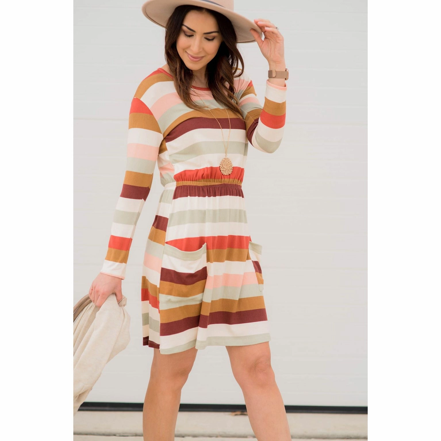 Striped Pocket Long Sleeve Dress Work Pairing Chic Style Wear