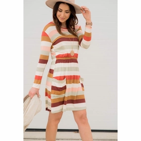 Sleek Waist Striped Pocket Long Sleeve Dress