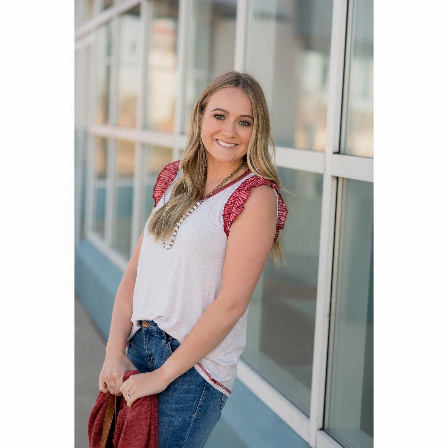 Printed Ruffle Sleeve Solid Trimmed Heathered Tank MultipanelLayout