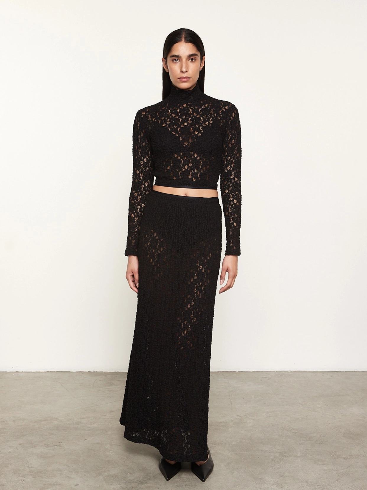 Puckered Lace Long Sleeve Mockneck FadeResistant Treatment