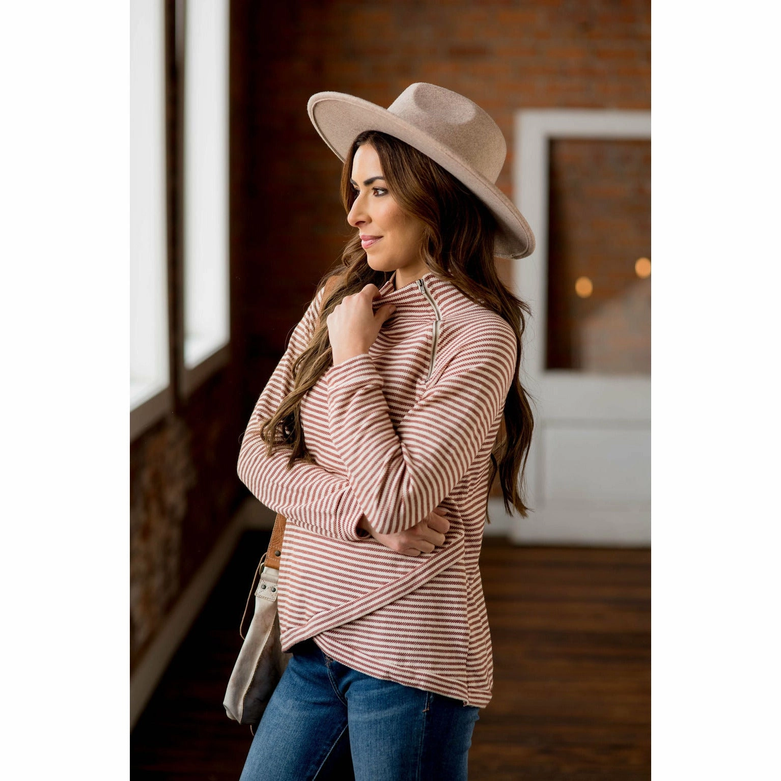 City Fit Striped Faux Wrap Zipper Neck Sweatshirt