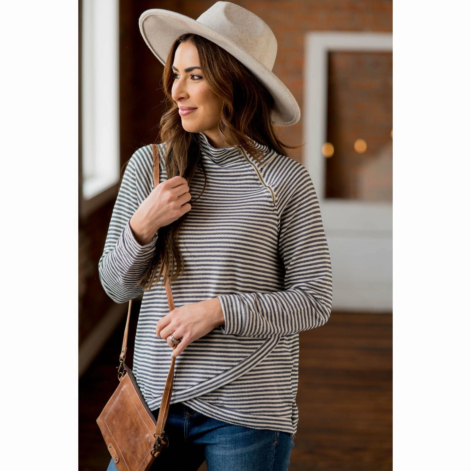 Layer Minimal product birthday allure Striped Faux Wrap Zipper Neck Sweatshirt