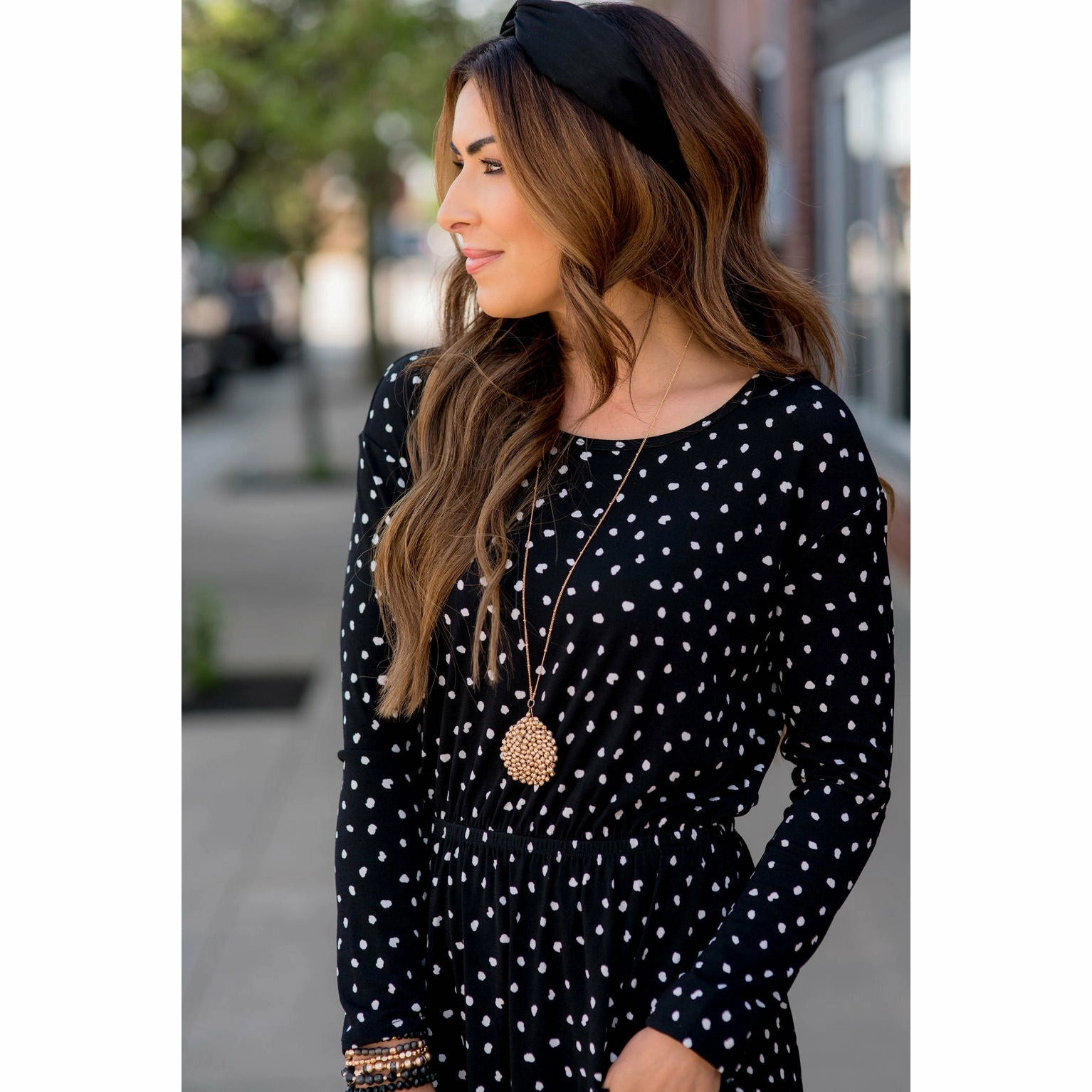 Dotted Pocket Long Sleeve Dress Smart Texture