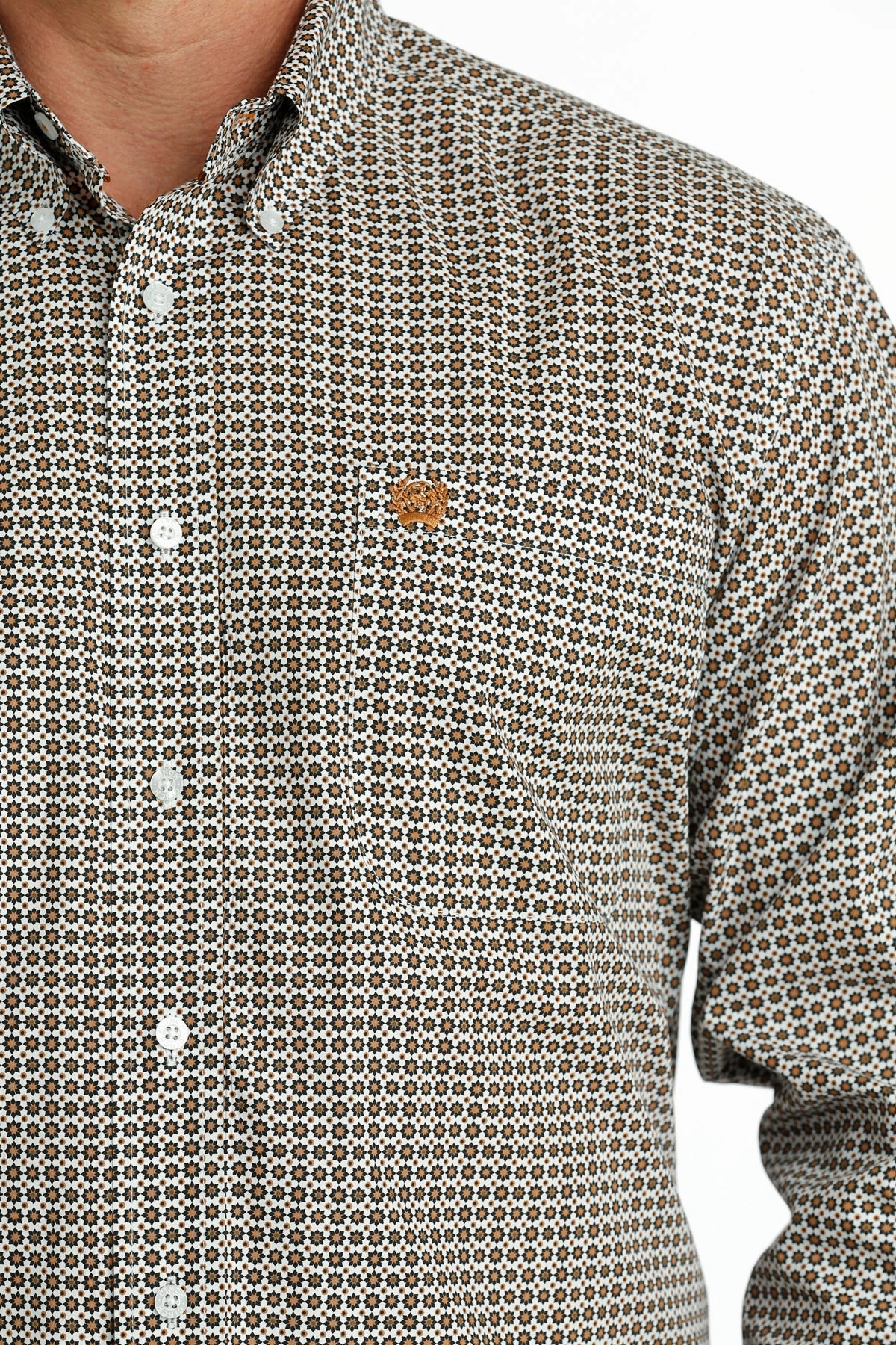 Cinch Men's White & Gold Geo Print Shirt Inner Layer Multipocket Style