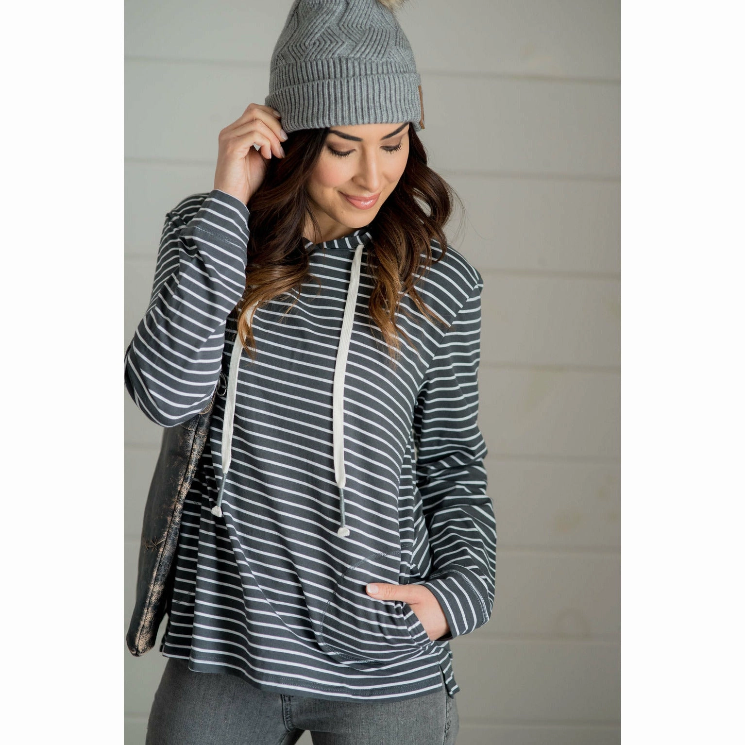 product embroidery artistry Striped Pocket Hoodie - Charcoal