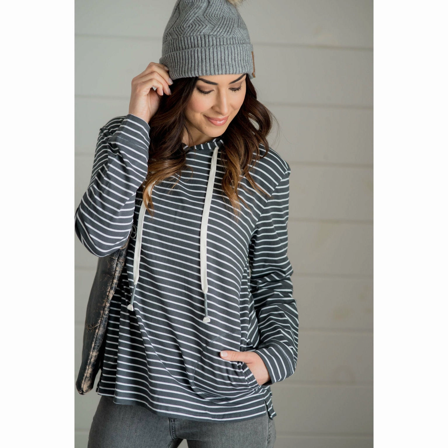 great for presents Striped Pocket Hoodie - Charcoal