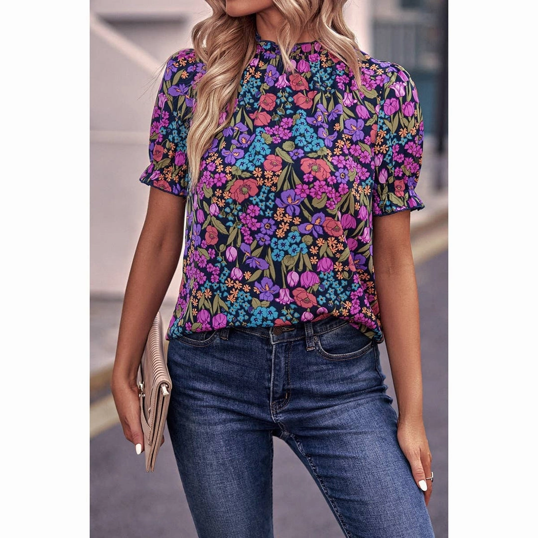 Allover Floral Print Elastic Sleeves Fit Blouse AntiStaticFabric