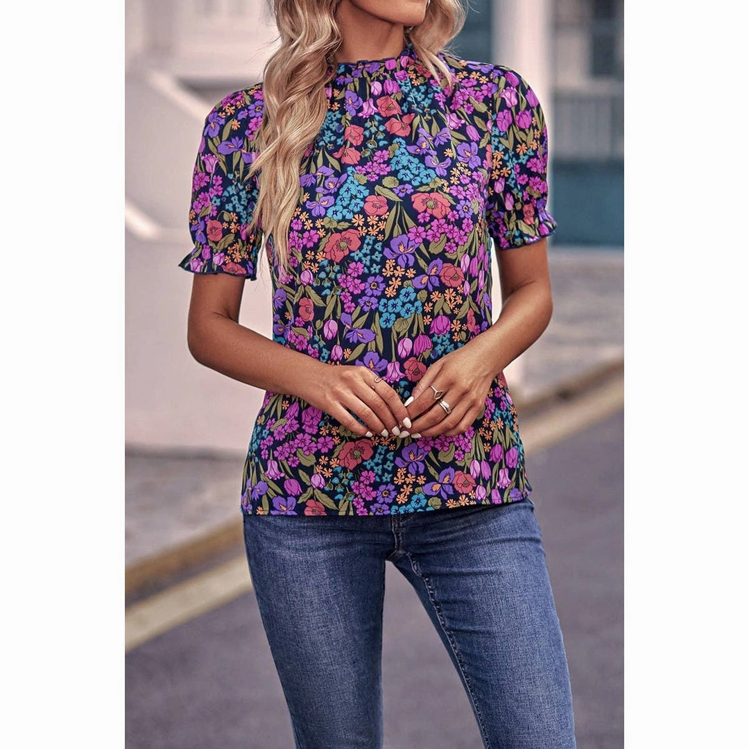 Allover Floral Print Elastic Sleeves Fit Blouse Flexible Ribbing