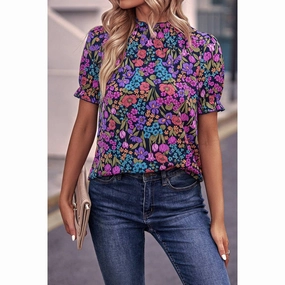 Allover Floral Print Elastic Sleeves Fit Blouse AntiStaticFabric