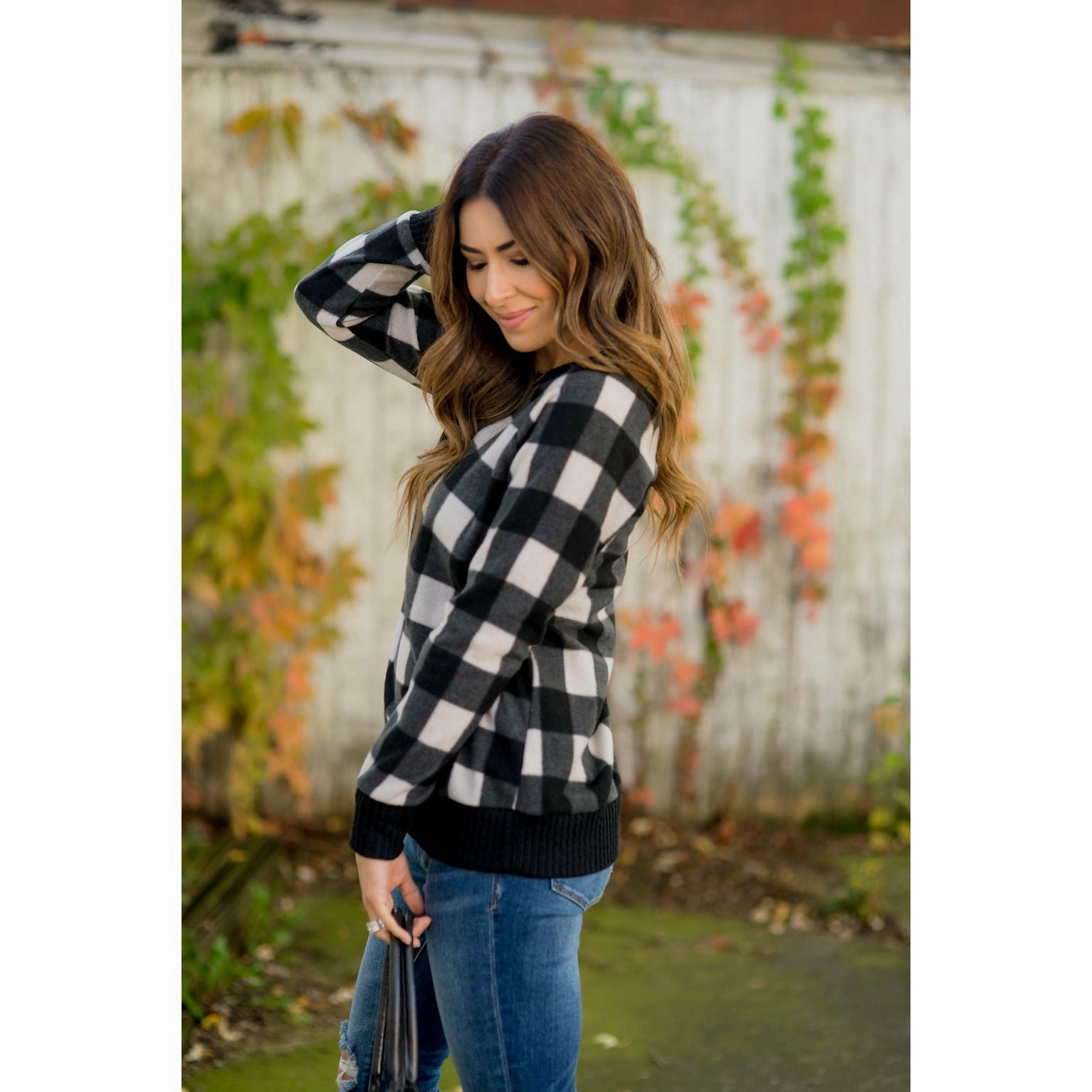 Ribbed Buffalo Check Sweatshirt Daily Fit Trendy Layered