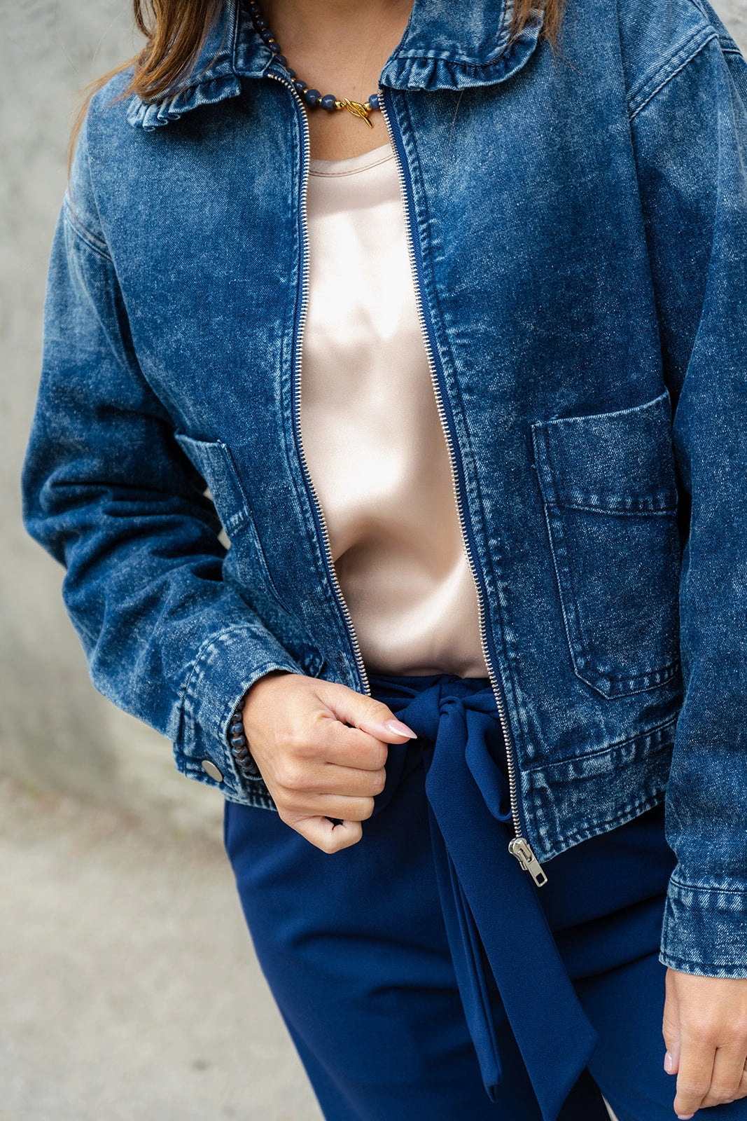 Ruffle Accented Denim Bomber Jacket ThermalReflective Windproof Cuffs