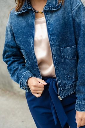 Ruffle Accented Denim Bomber Jacket Weekend Casual