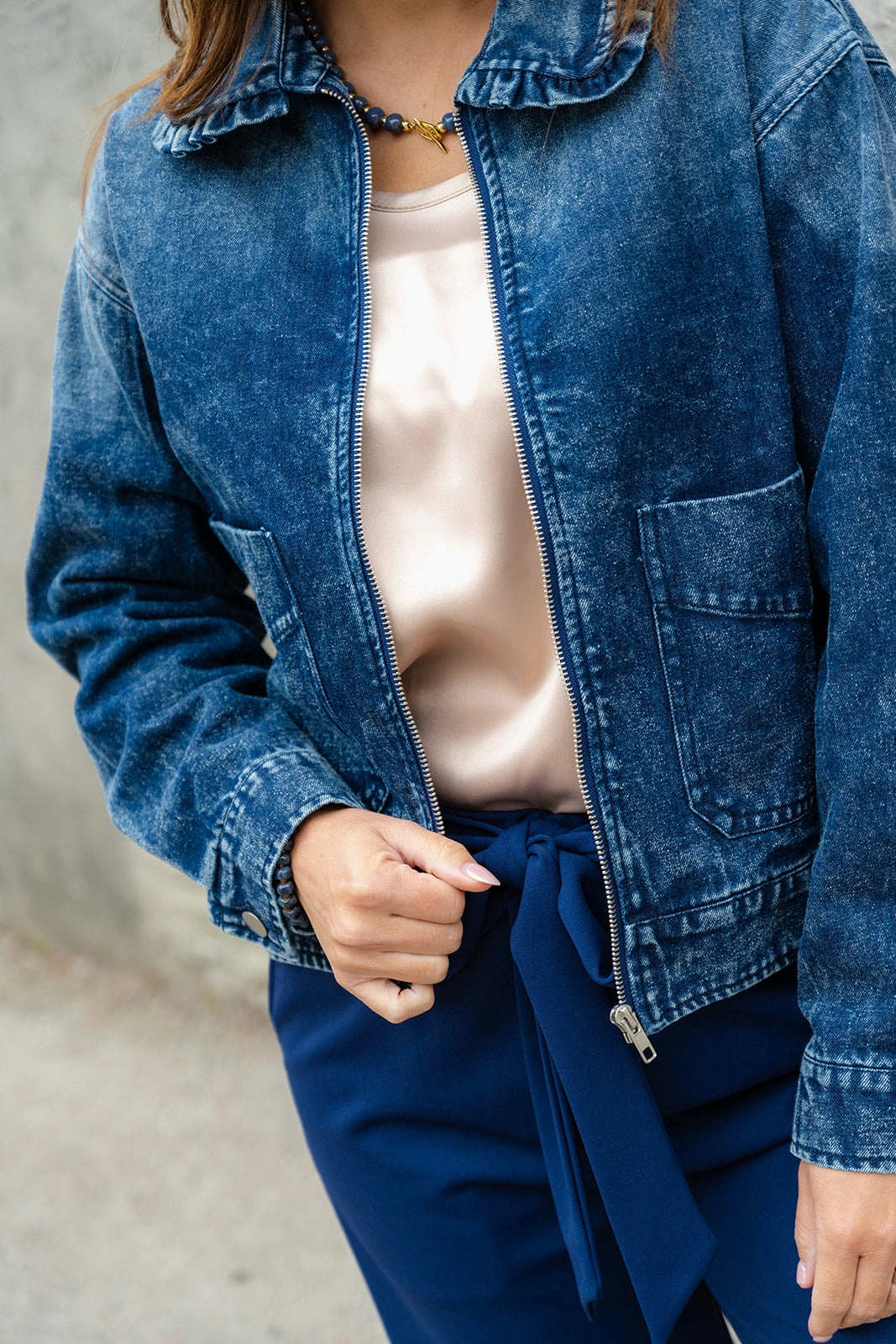 Ruffle Accented Denim Bomber Jacket Weekend Casual