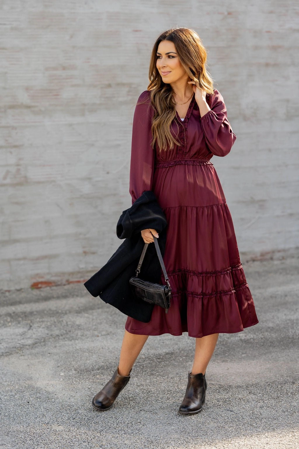 Ruffle Accented Long Sleeve Midi Dress Theater-Night