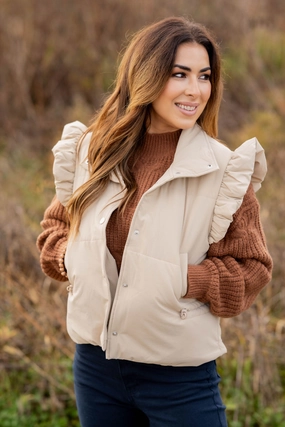 Trendy Must Have Mild Weather Layer Ruffle Accented Puffer Vest