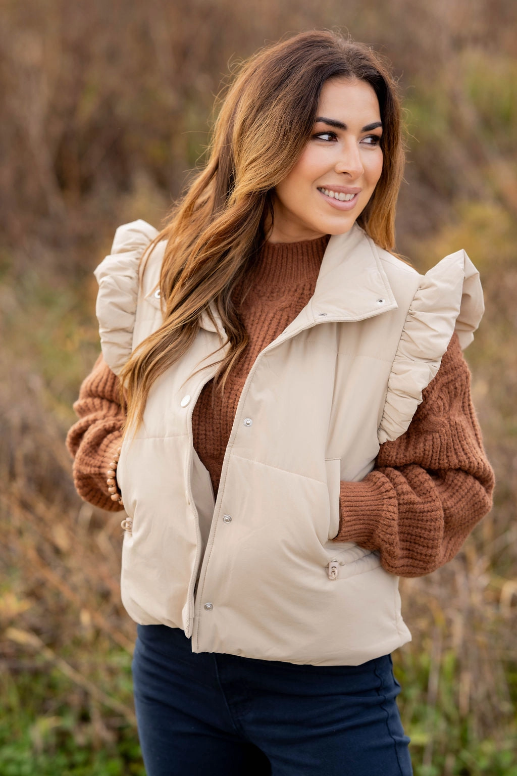 Trendy Must Have Mild Weather Layer Ruffle Accented Puffer Vest